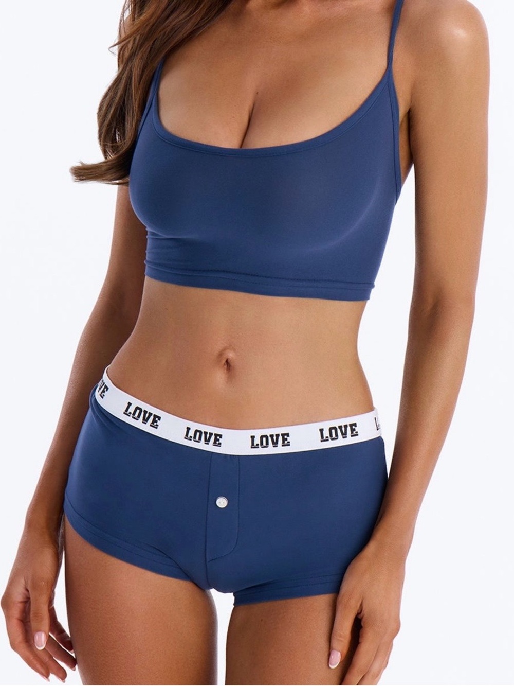 Fashion Nova Navy Scoop Bralette & Boyshort Set with White LOVE Waistband